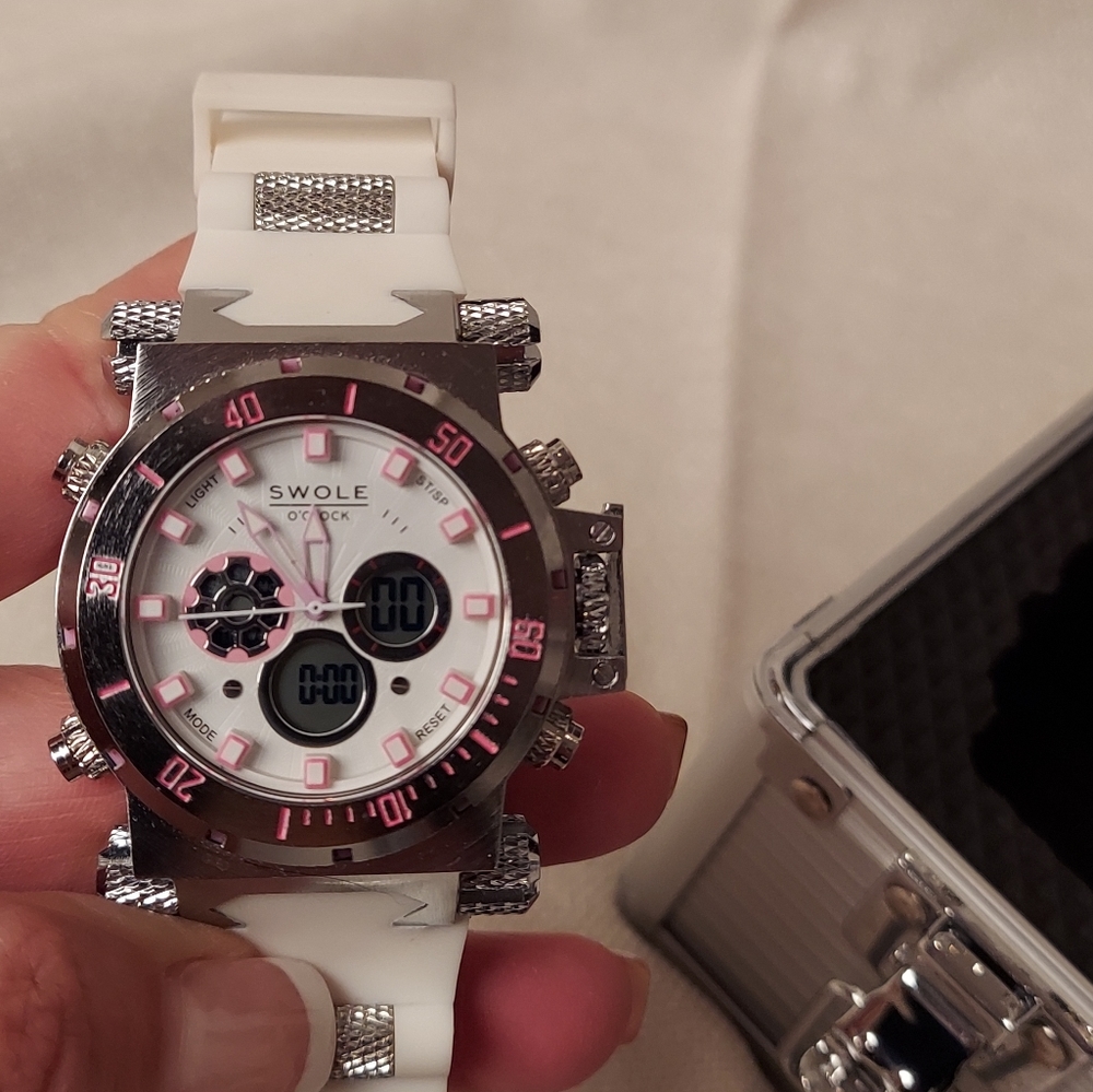 Woman's watch, white band, white face with pink accents,  heavy-duty, fitness